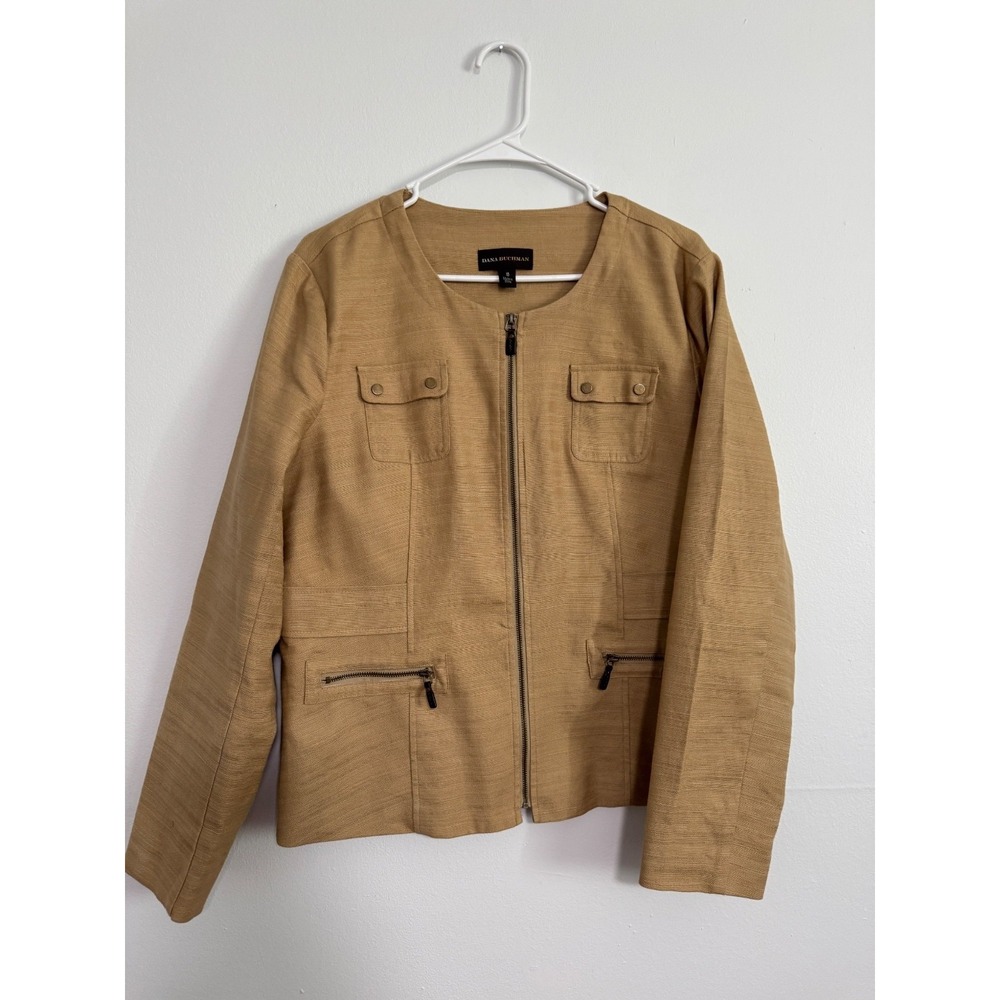 Dana Buchman Jacket Womens 16 Tan Excellent Linen Blend Zip Front Utility Blazer